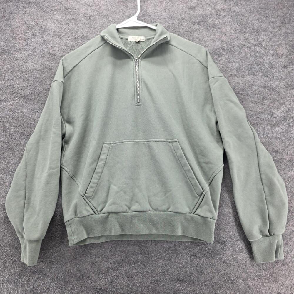 Rag & Bone Sweatshirt Womens S Green Pullover 1/4 Zip Pockets Fleece Mock Neck